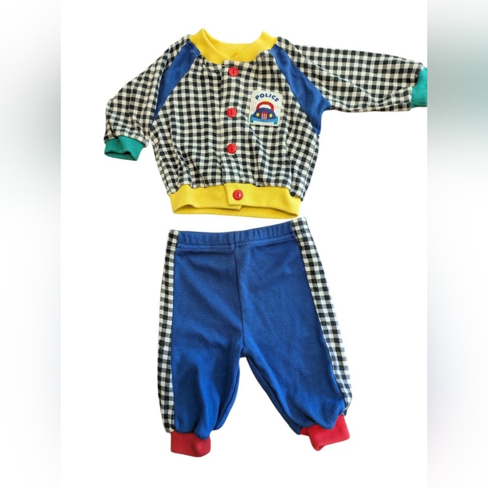 Vintage 90s Baby 6/9 Month Plaid Two Piece Police Set
